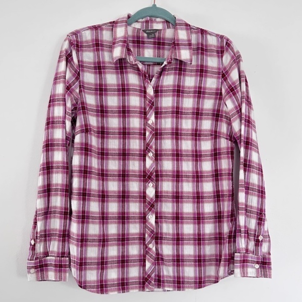Eddie Bauer Pink White Plaid Cotton Button Up Women’s Medium Western Ranch Cabin